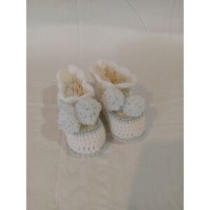 Handmade Crochet Baby Booties White Light Blue Pom Pom Knit Slippers Newborn